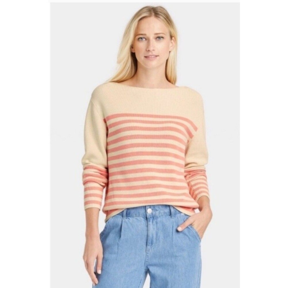 WHO WHAT WEAR Almond Birch Coral Stripe Sweater Womens Size XXL Boat Neck (J08)